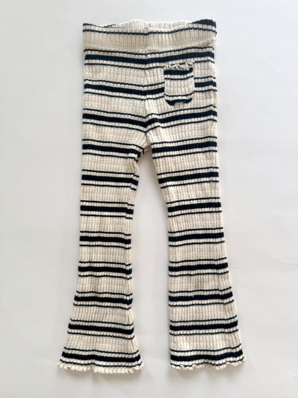 Zara Kids Girls Ribbed Knit Flare Pants Sz 3-4Y 104cm Black Cream Stripe
